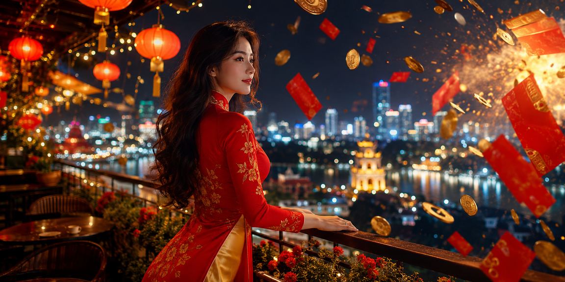 Người dùng Hà Nội trong trang phục áo dài nhận phong bì đỏ biểu tượng dịp Tết với ưu đãi thưởng